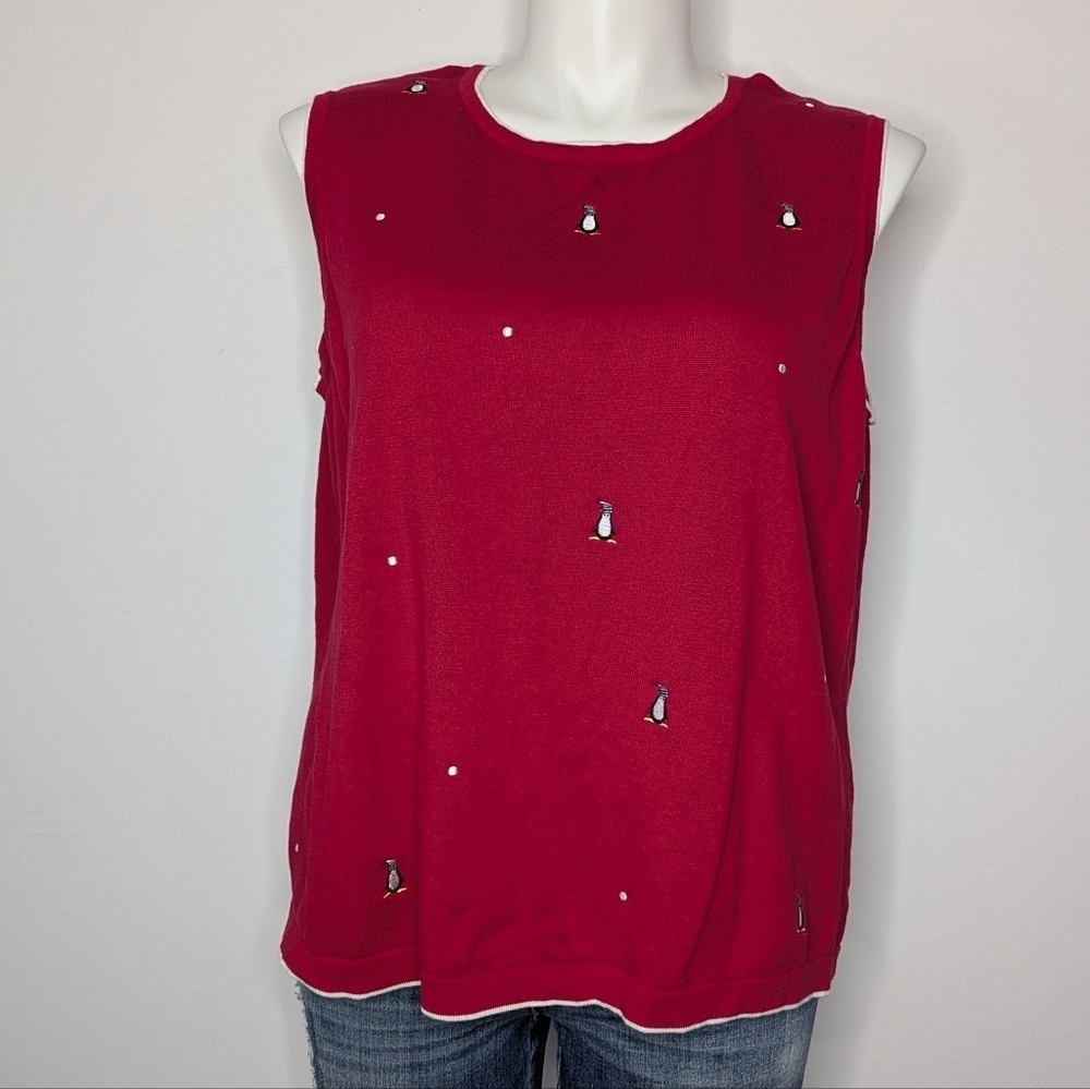CJ Banks Red White Winter Penguin Embroidered Sleeveless Tank Top Sweater 2X